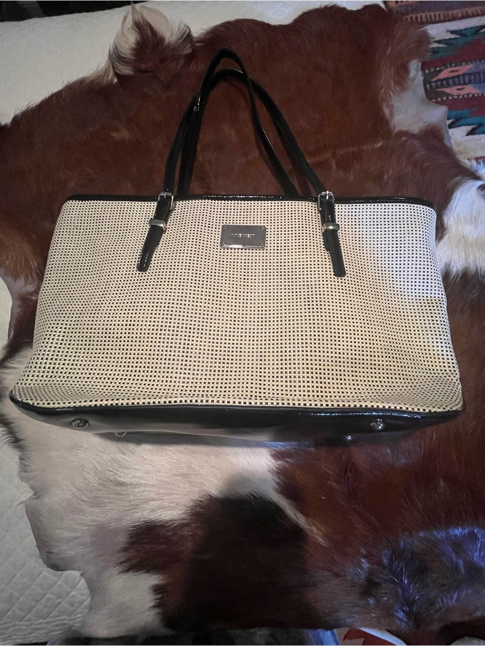 Nine West Cream Woven Tote with Black Trim and Handles